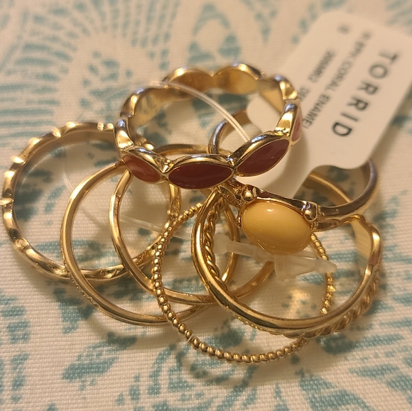 NWT GOLD-TONE & CORAL ENAMEL RING SET OF 8 - Picture 9 of 15